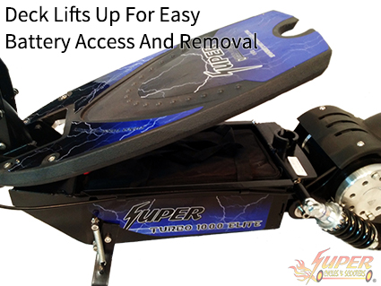 Deck lifts up for easy battery access and removal